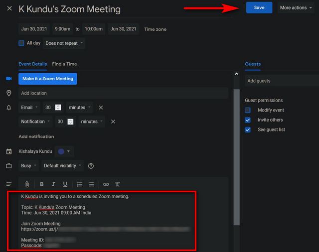 Enviar invitación a la reunión de Zoom mediante el cuerpo de Google Calendar