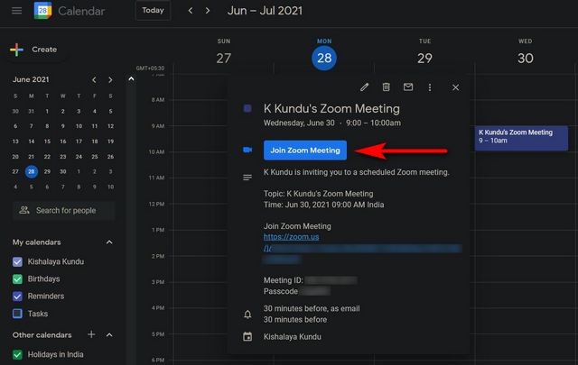 Enviar invitación a la reunión de Zoom mediante el cuerpo de Google Calendar