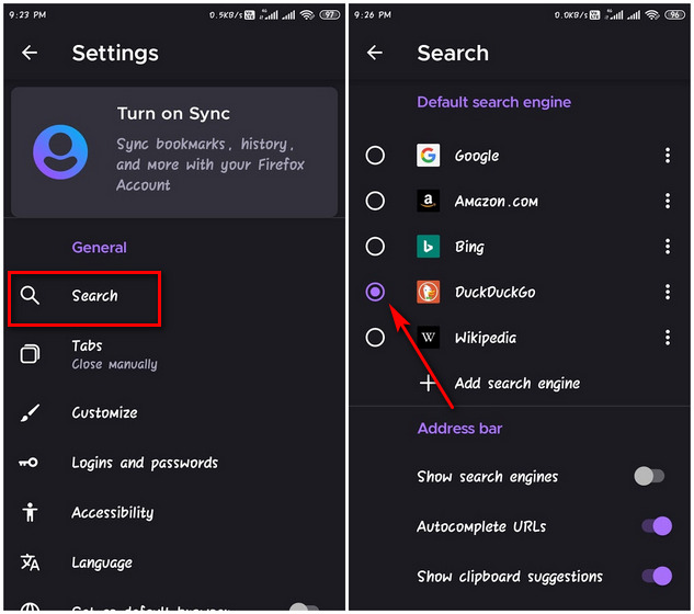 Cambiar el motor de búsqueda predeterminado en Firefox en Android