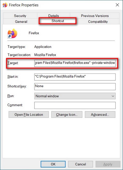 Abra Mozilla Firefox en modo privado de incógnito