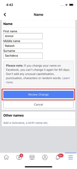 cómo cambiar el nombre en facebook - ios