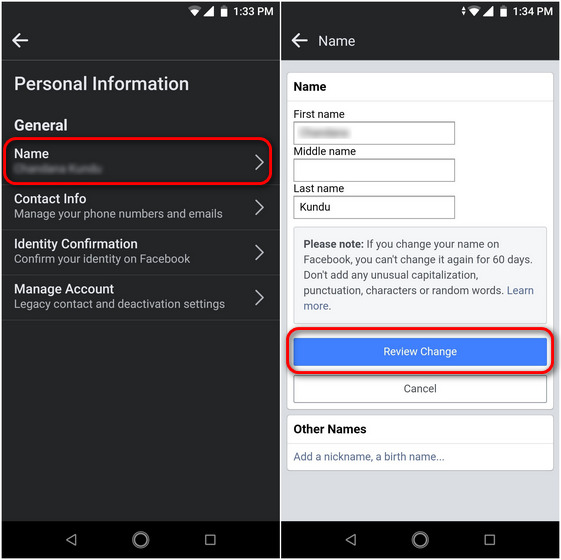 Cómo cambiar el nombre en la aplicación de Facebook para Android