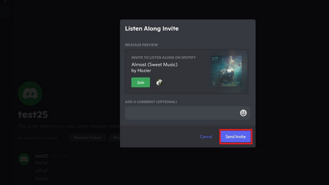 enviar invitación - Spotify listening party on discord