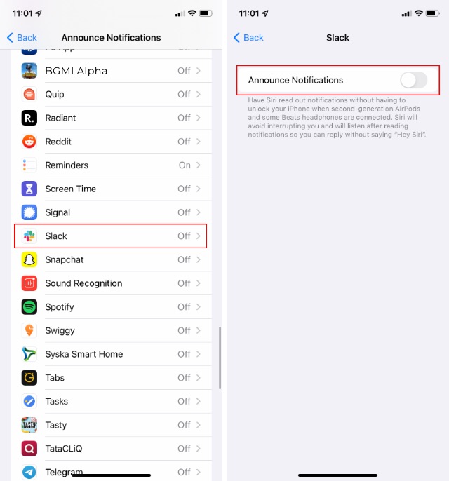 toque en la aplicación para habilitar por aplicación anunciar notificaciones de iOS 15