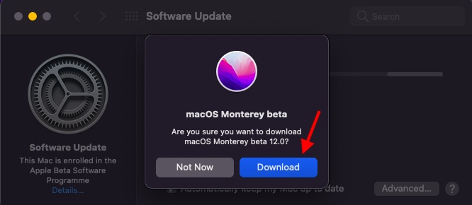 Haga clic en Descargar - Instalar macOS Monterey Public Beta