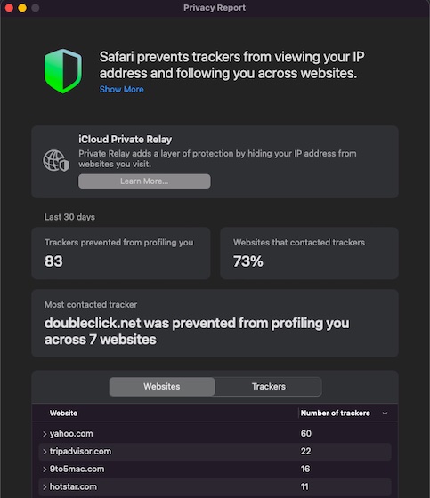 Informes de privacidad en Safari macOs - Ocultar dirección IP en Safari en iOS 15 y macOS Monterey