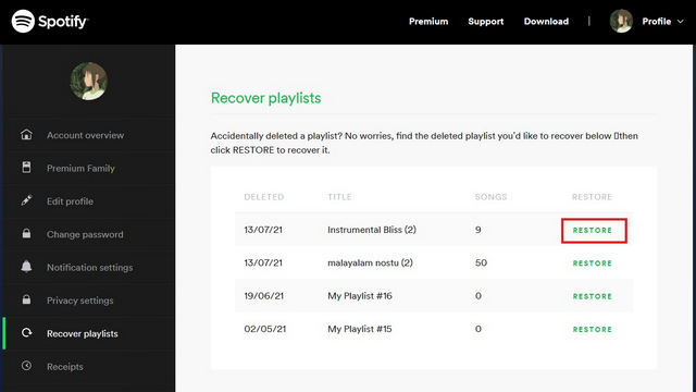 restaurar la lista de reproducción de Spotify