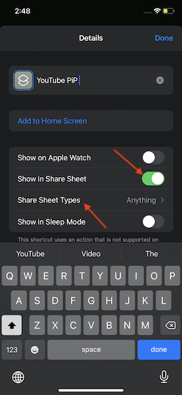 Turn-on-Show-in-Share-Sheet: use el modo de imagen en imagen (PiP) de youtube en el iphone