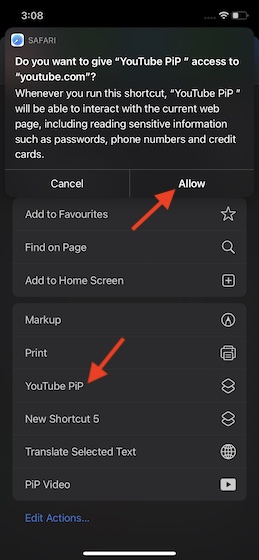 Choose-YouTube-PiP-mode-shortcut- use el modo de imagen en imagen (PiP) de youtube en el iphone