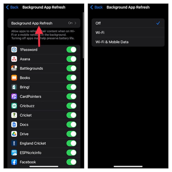 Desactivar la actualización de la aplicación en segundo plano en iPhone 