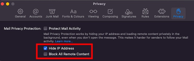 Deshabilitar la protección de privacidad de correo en Mac