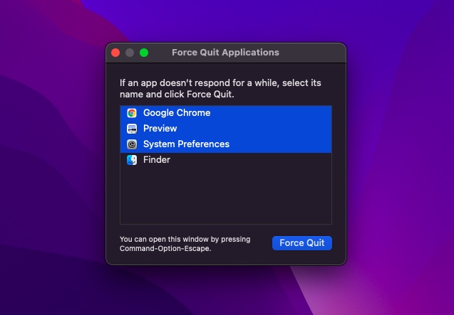 Asegúrese de forzar el cierre de aplicaciones inactivas - MacBook sobrecalentamiento macOS Monterey
