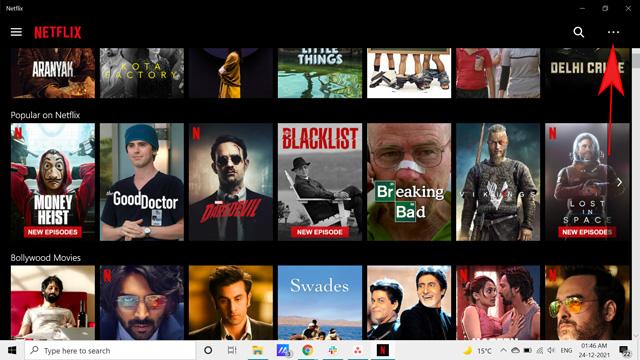 más opciones en la aplicación de Windows Netflix