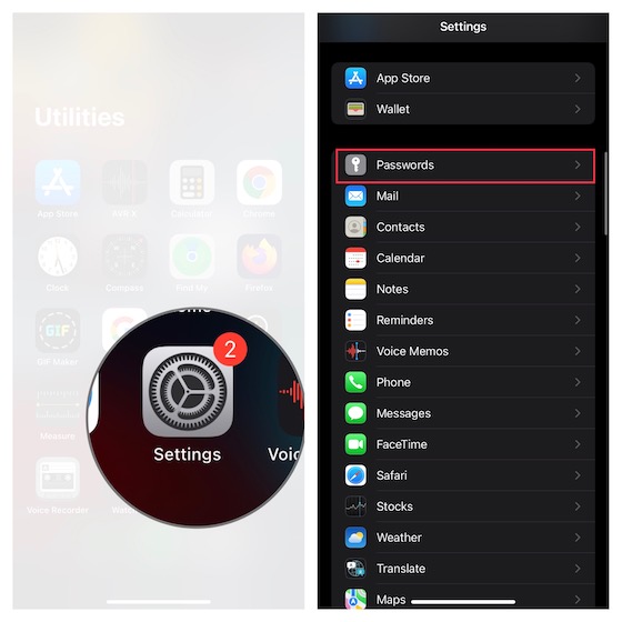 Seleccione Contraseñas en la aplicación de configuración de iOS