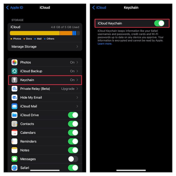 Habilitar el llavero de iCloud en iPhone y iPad