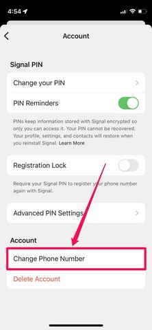 cambiar la opción de número de teléfono en la configuración de la aplicación Signal ios