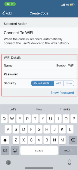 Ingrese sus detalles de Wi-Fi en la aplicación Visual Codes en iPhone y iPad
