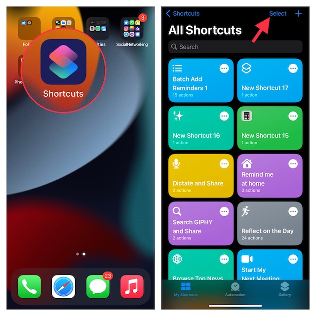 Toque Seleccionar en la aplicación Apple Shortcuts en iPhone y iPad
