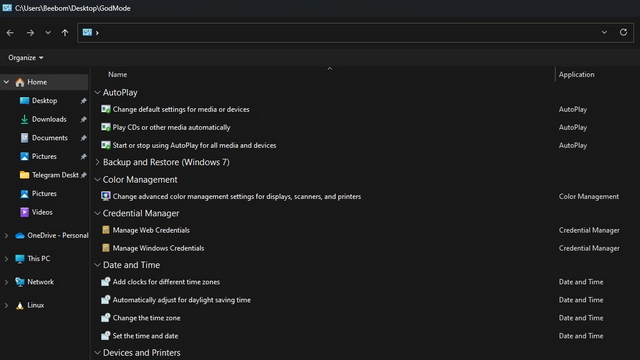 interfaz de modo dios de windows 11