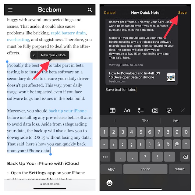 Use Quick Note para guardar texto en iPhone