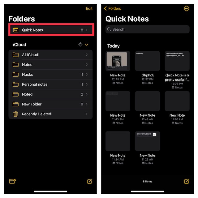 Acceda a Quick Notes en la aplicación Apple Notes en iPhone