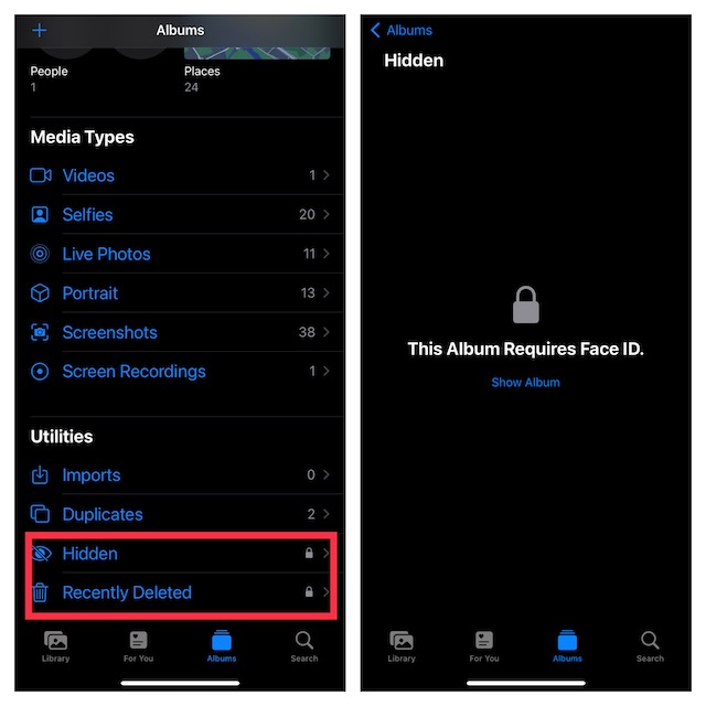 ocultar el álbum oculto en iPhone y iPad