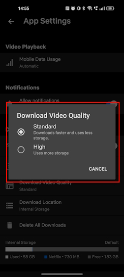 Configuración de calidad de descarga estándar y alta en Netflix Mobile